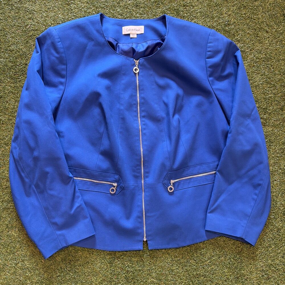 Calvin Klein Womens Blazer 18 W Zipper Pockets Career Jacket Cotton Blend Blue